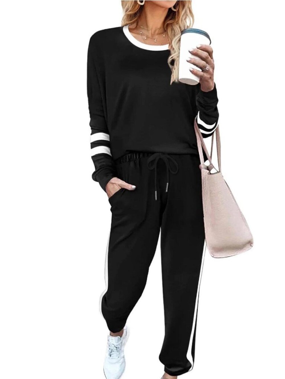 Shine Up Women's 2-Piece Lounge Set Black with White Trim Size Small